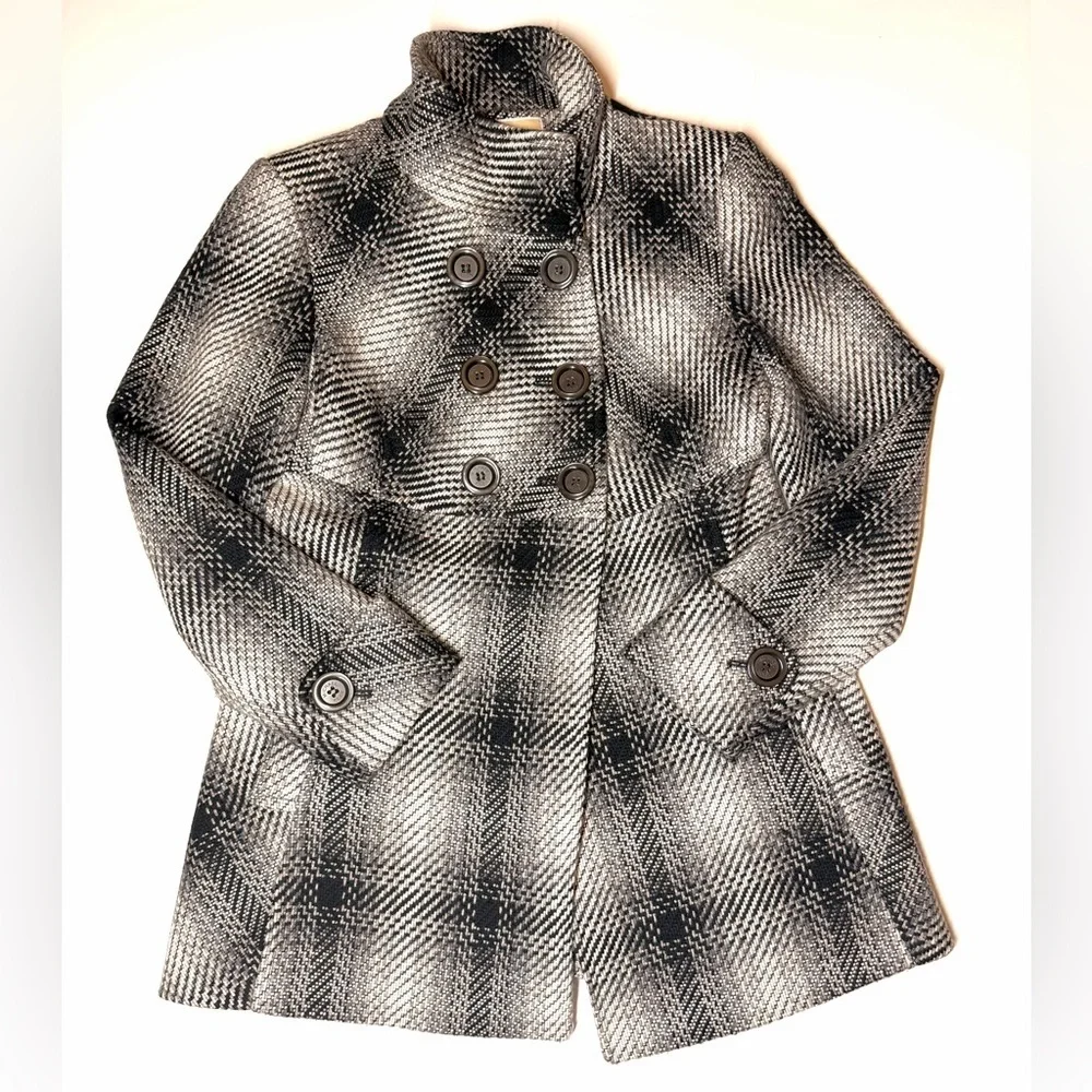 Michael Kors Women's Wool Blend Plaid Peacoat Black / Gray Size- 10